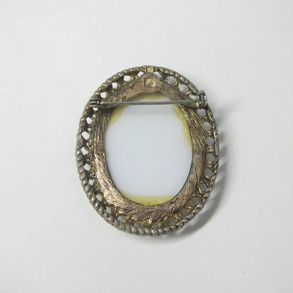 Porcelain Pin w/Brass Filigree Frame Oval Vintage Brooch
